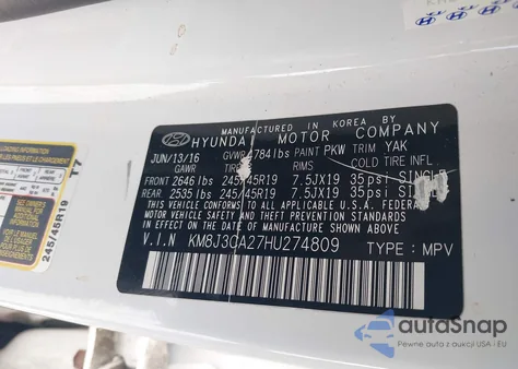 2017 Hyundai Tucson Limited z USA, uszkodzony, nr VIN KM8J3CA27HU274809